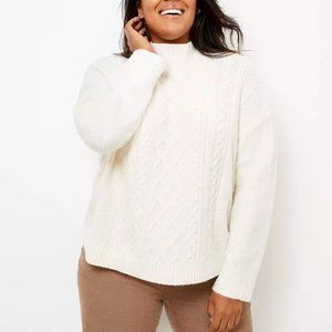 LOFT Plus Ivory Heather Cable Knit Turtleneck Sweater